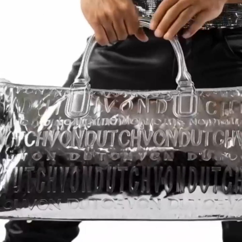 NWT! Von Dutch Metallic Silver Mirrored Weekender Gym Duffel Bag (Retail $379) - Picture 15 of 16